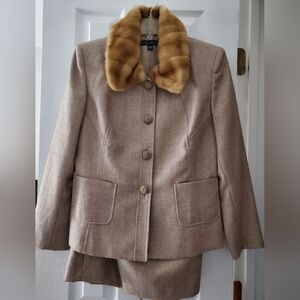Nipon Boutique Beige Skirt Suit with Faux Fur Collar